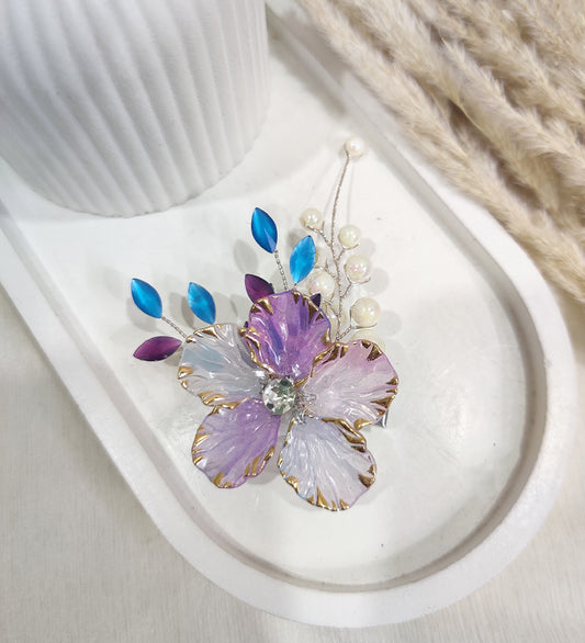 Purple Blue Crystal Flower Hair Clip