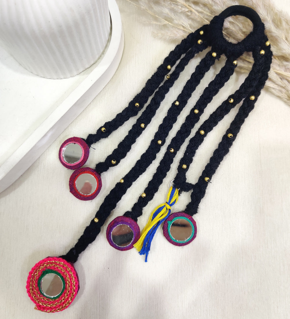 Handmade Black Woolen Hair Accessory with Mirror Work & Beads