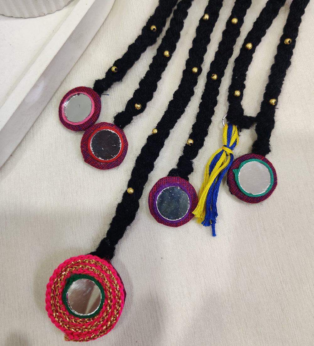 Handmade Black Woolen Hair Accessory with Mirror Work & Beads