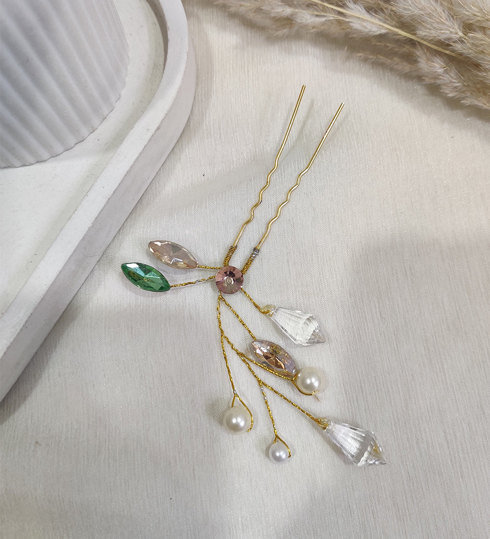 Gold Wire Crystal & Pearl Hair Pin