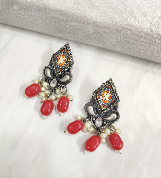 Meenakari Oxidised Handpainted Red Pearl Drop Earring