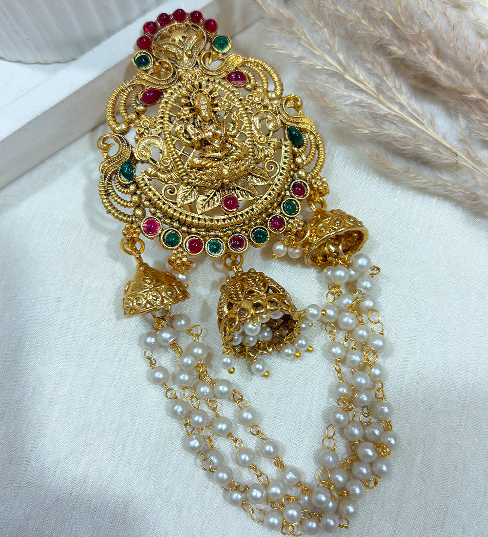Golden Lakshmi Pearl Drop Hair Brooch