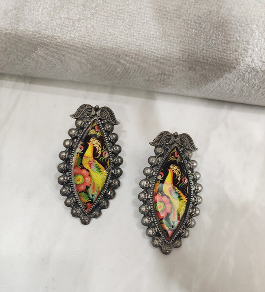 Oxidised Peacock Hand Painted Earrings