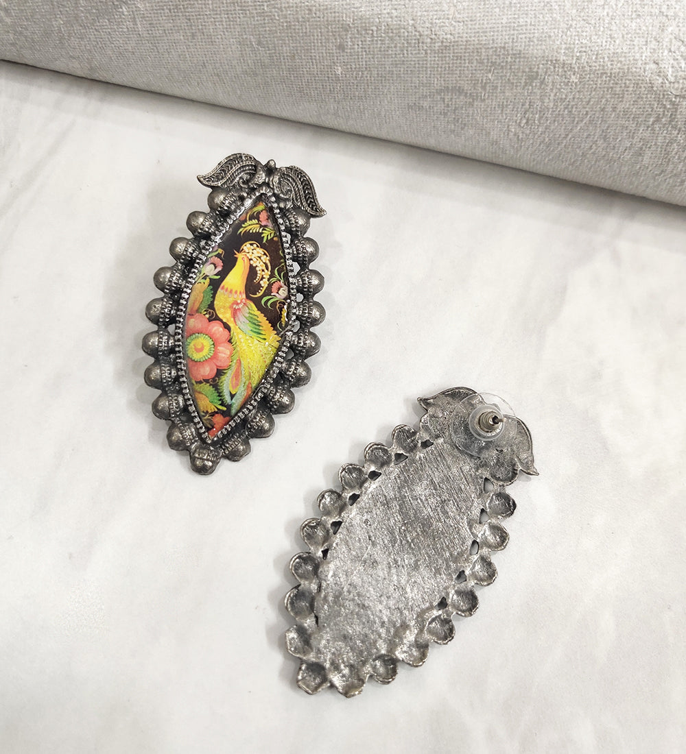 Oxidised Peacock Hand Painted Earrings