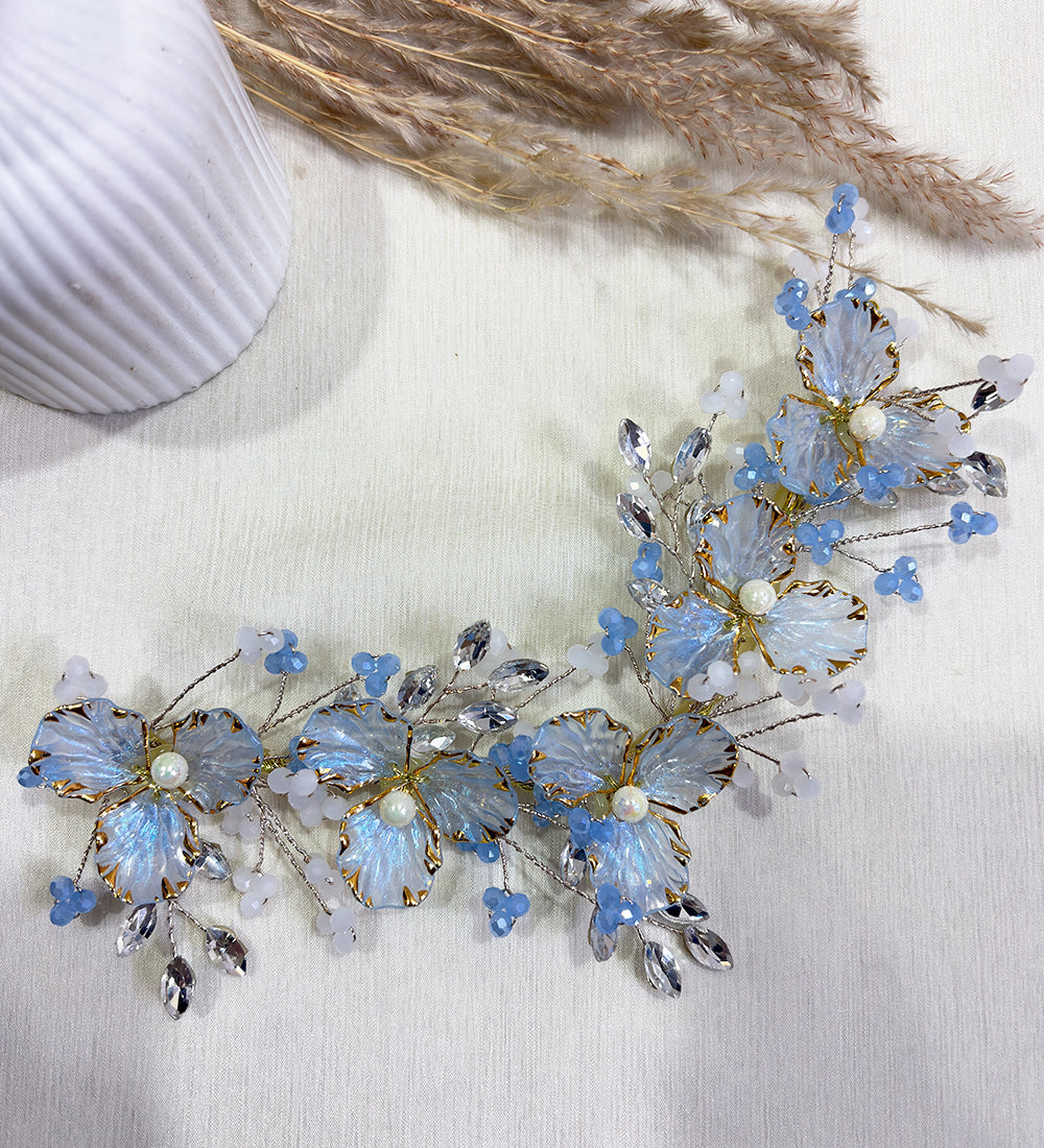 Light Blue Bloom Pearl Hair Vine