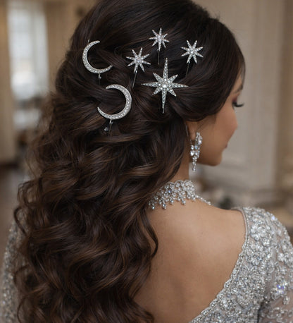 Silver Crescent Moon & Star Bridal Hair Pins Set