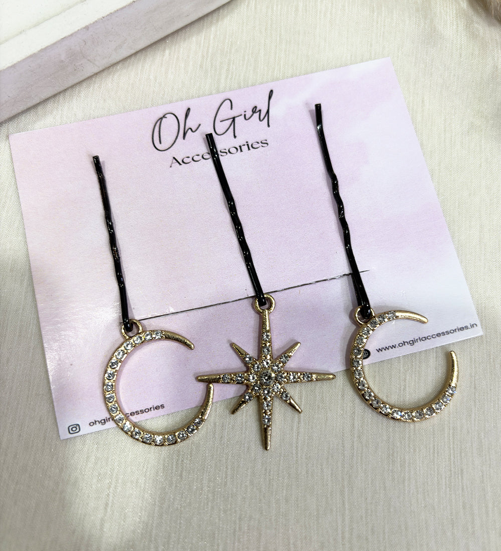 Golden Crescent Moon & Star Bridal Hair Pins