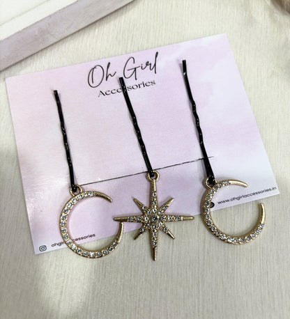 Golden Crescent Moon & Star Bridal Hair Pins