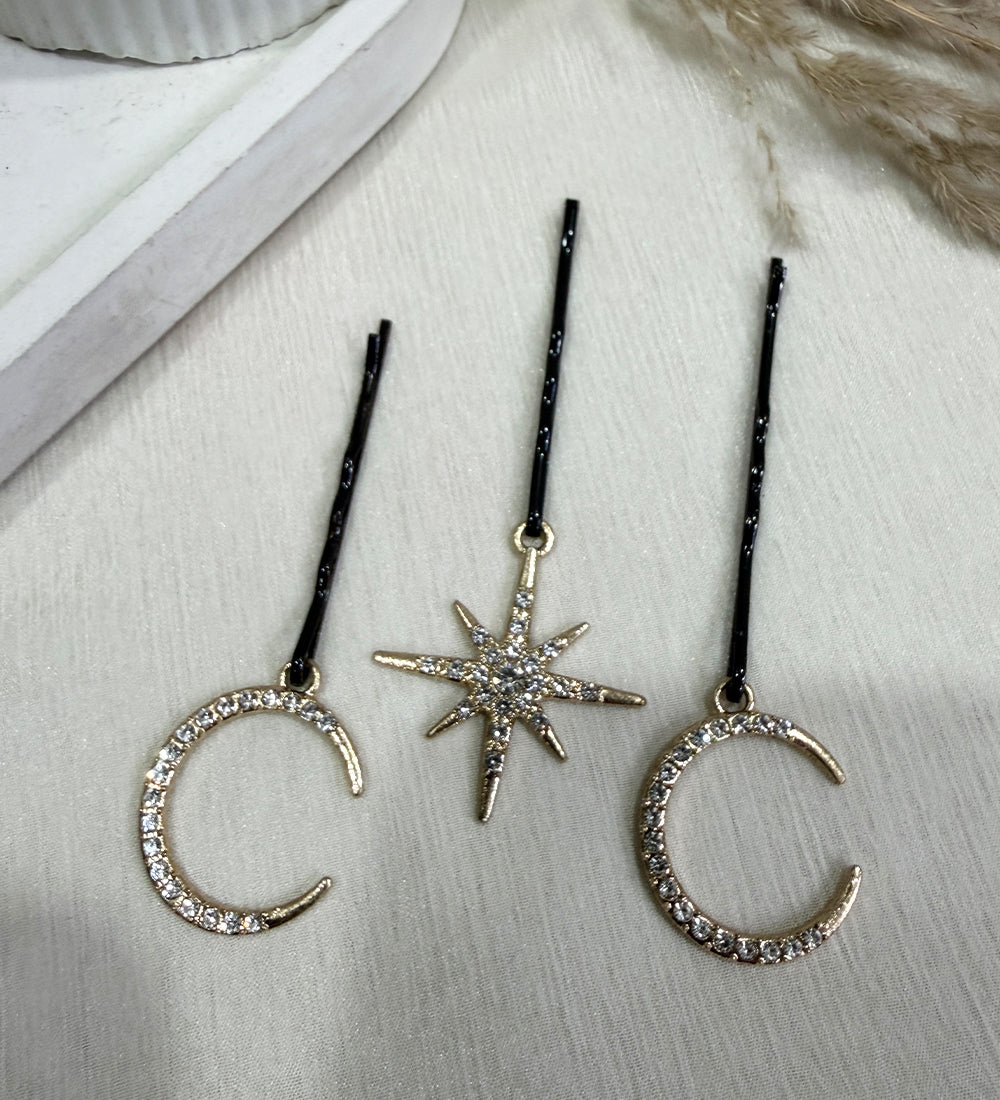 Golden Crescent Moon & Star Bridal Hair Pins