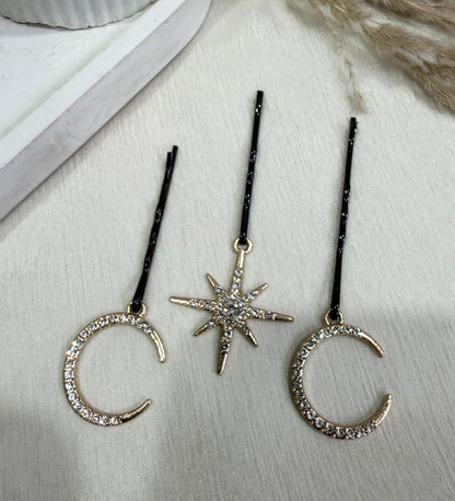 Golden Crescent Moon & Star Bridal Hair Pins