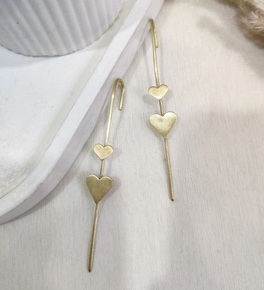 Gold Double Heart Long Drop Earrings