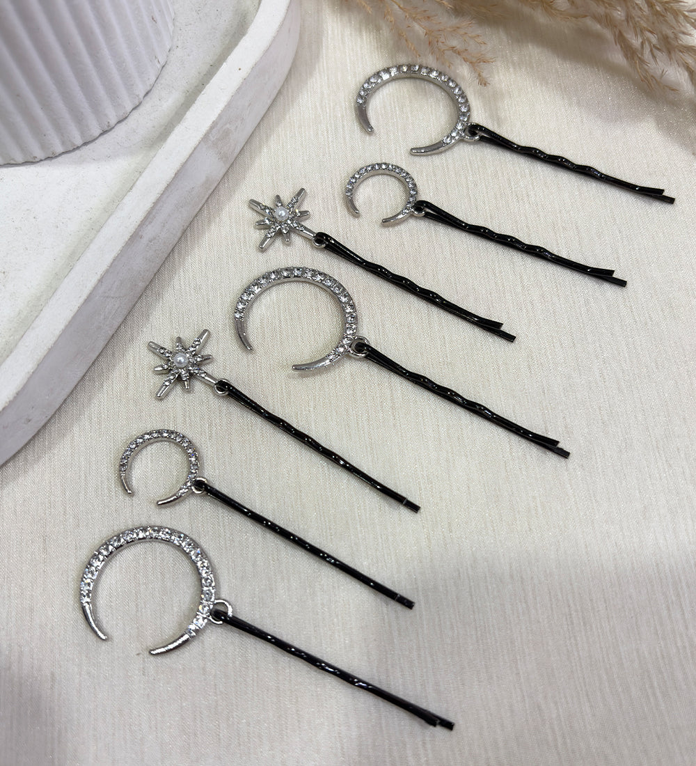 Silver Crescent Moon & Star Bridal Hair Pins Set
