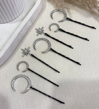 Silver Crescent Moon & Star Bridal Hair Pins Set