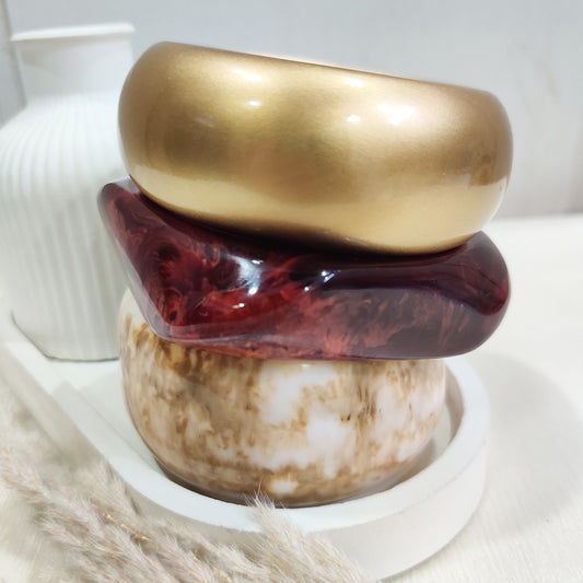 Chunky Resin Statement Bangle Set – Marble, Gold & Wine Red